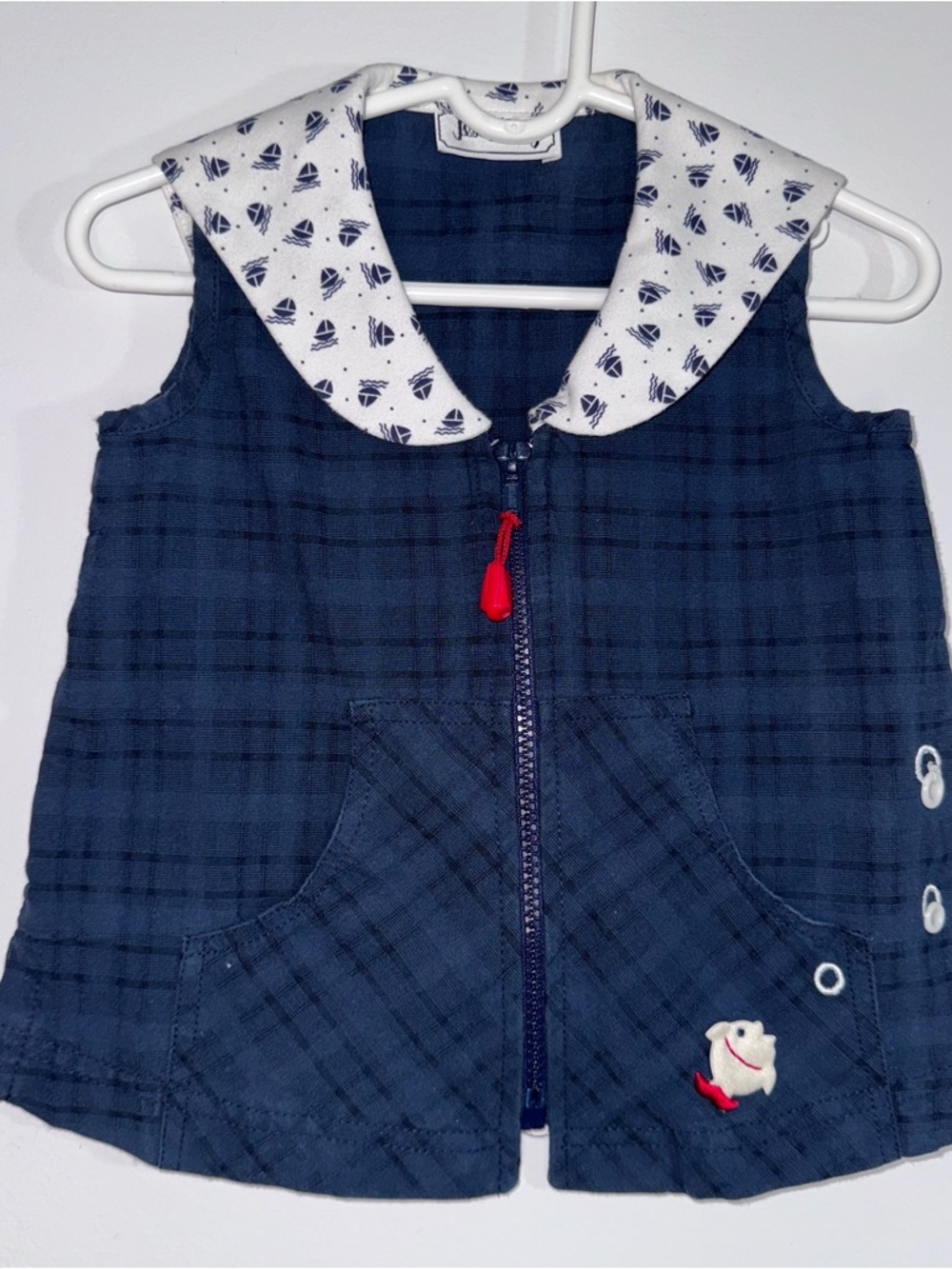 Jessy Franz Toddler Navy Sailor Collar Zip Vest Top Nautical Fish 12M